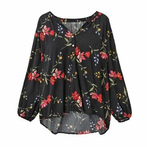 Old Navy Black Floral Blouse Long Sleeve Hawaiian Flowy Rayon Top Black XXL